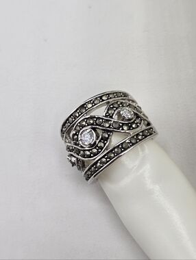 Swarovski Crystal Elements Silver Marcasite Ring Wide Band Size 4.5 Wedding Prom